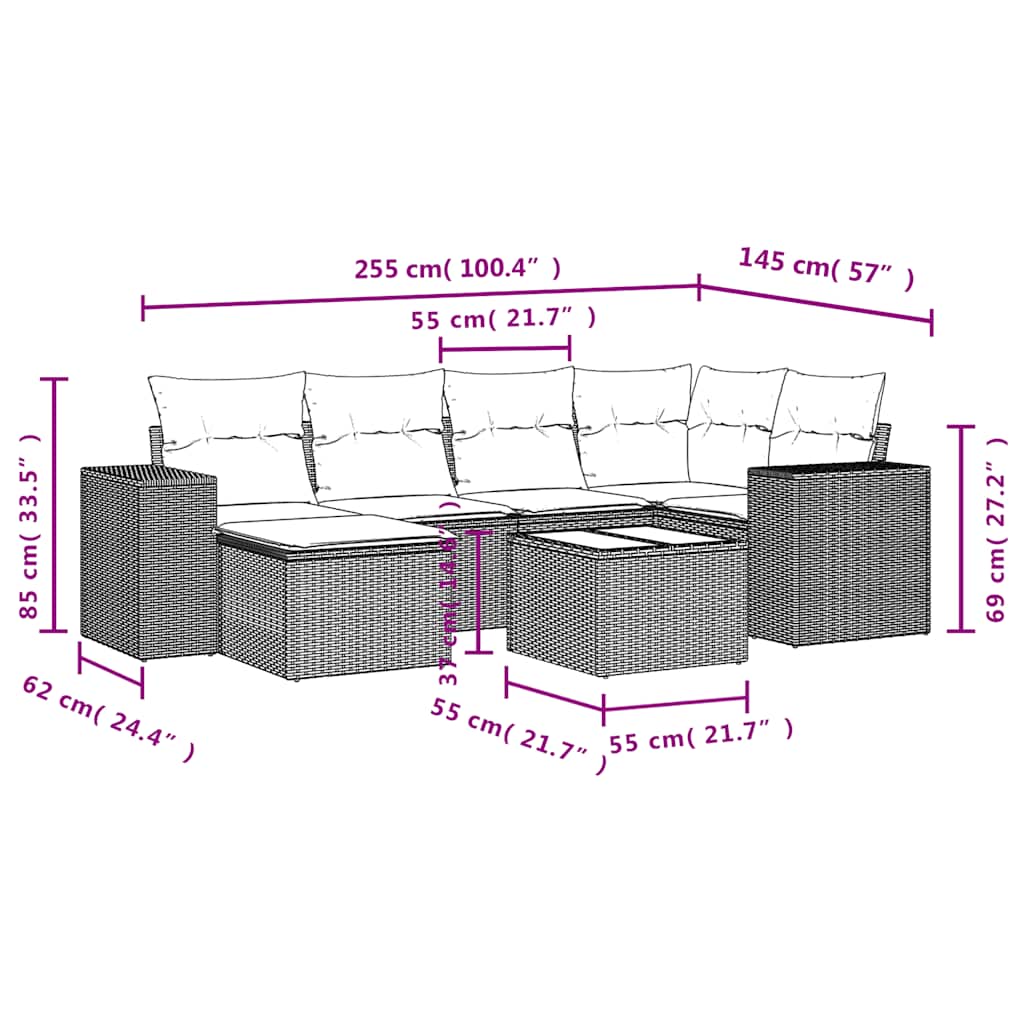 7-teiliges Gartensofa-Set mit Kissen, braun, Polyrattan