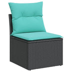 7-teiliges Gartensofa-Set mit Kissen, schwarzes Polyrattan