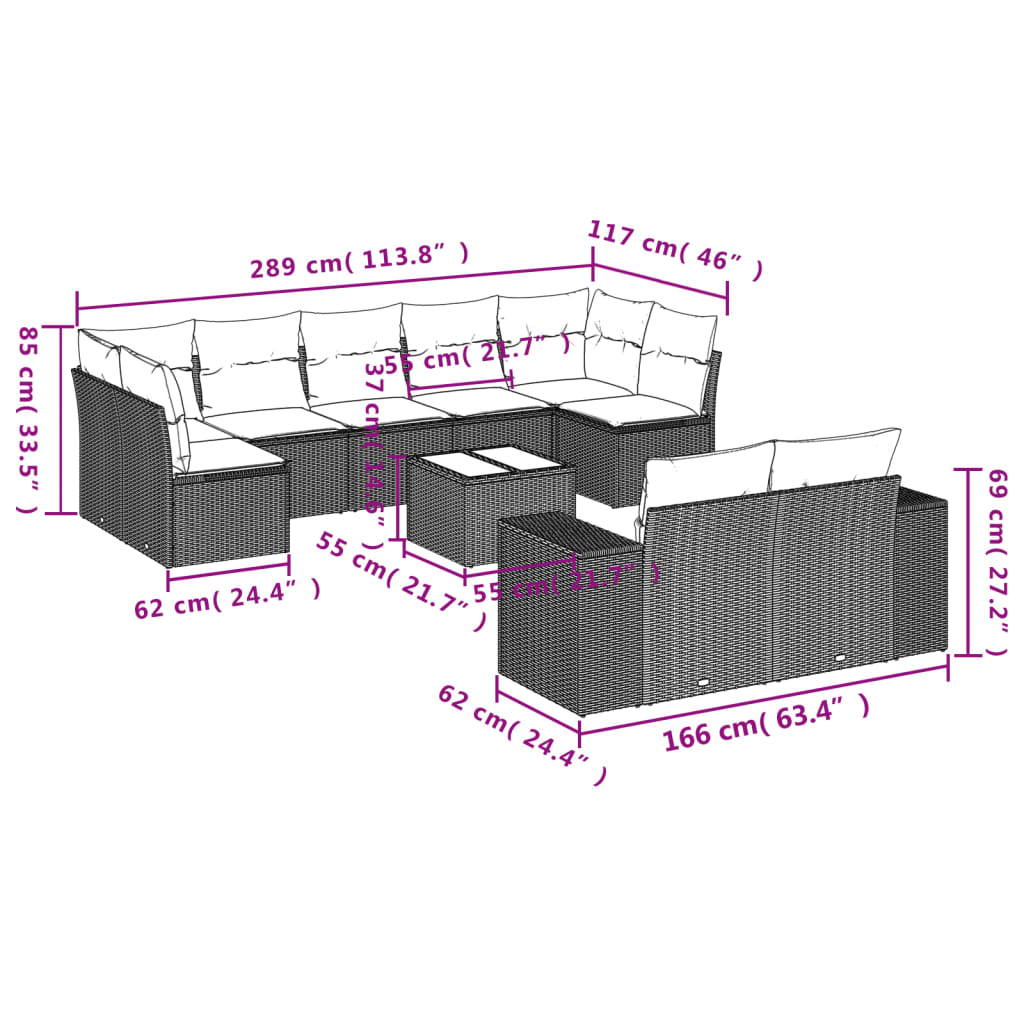 10-teiliges Gartensofa-Set mit Kissen, braun, Polyrattan