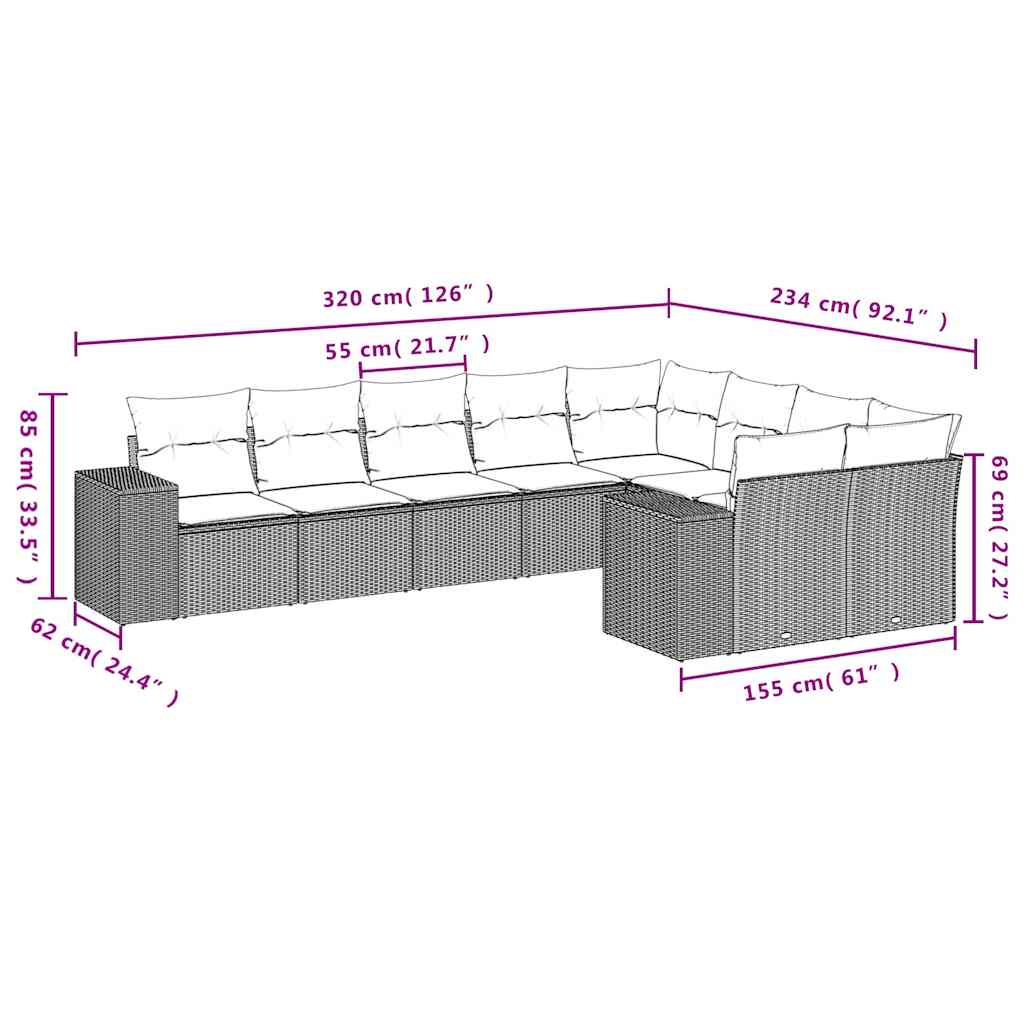9-tlg. Garten-Sofagarnitur mit Kissen Schwarz Poly Rattan