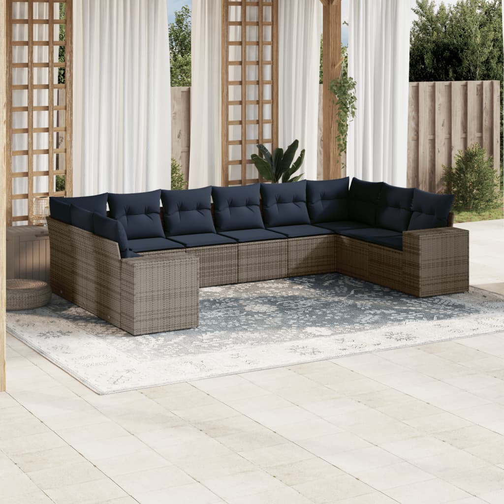 10-teiliges Gartensofa-Set mit Kissen, grau, Polyrattan