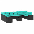 11-teiliges Gartensofa-Set mit Kissen, schwarzes Polyrattan