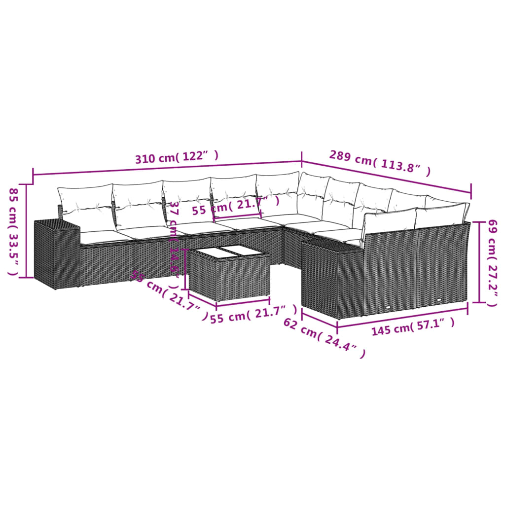 11-teiliges Gartensofa-Set mit Kissen, schwarzes Polyrattan
