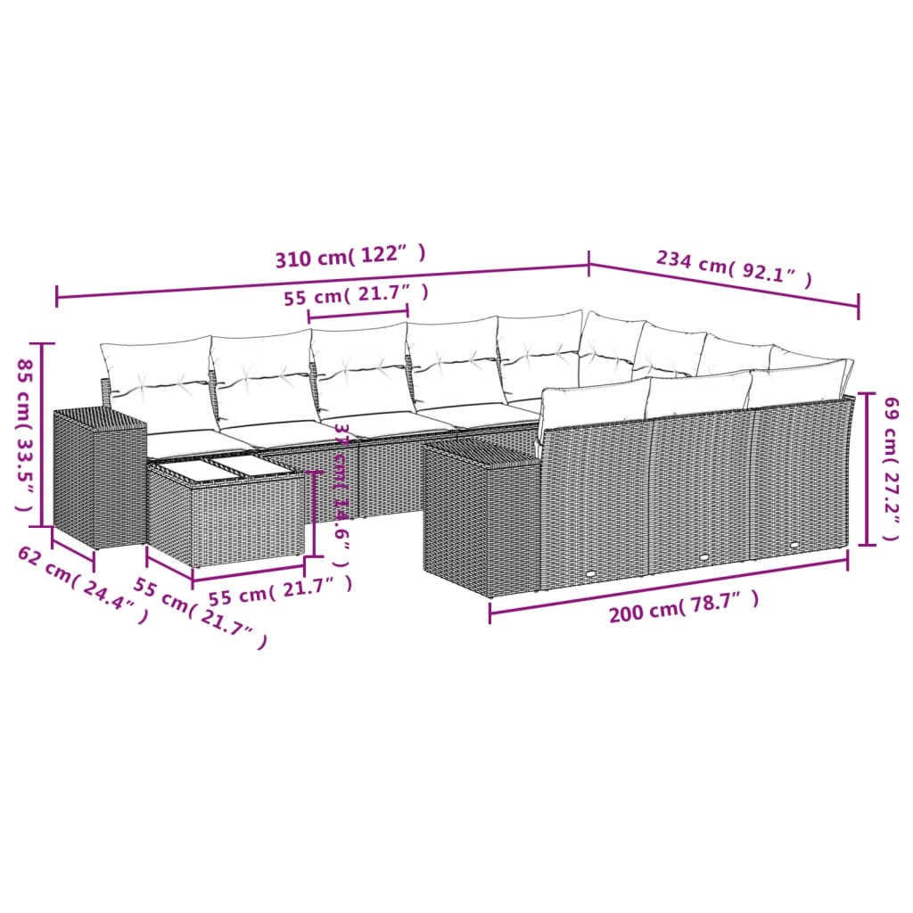 11-teiliges Gartensofa-Set mit Kissen, grau, Polyrattan