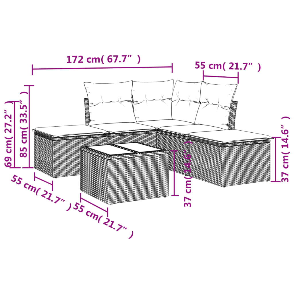 6-tlg. Garten-Sofagarnitur mit Kissen Braun Poly Rattan