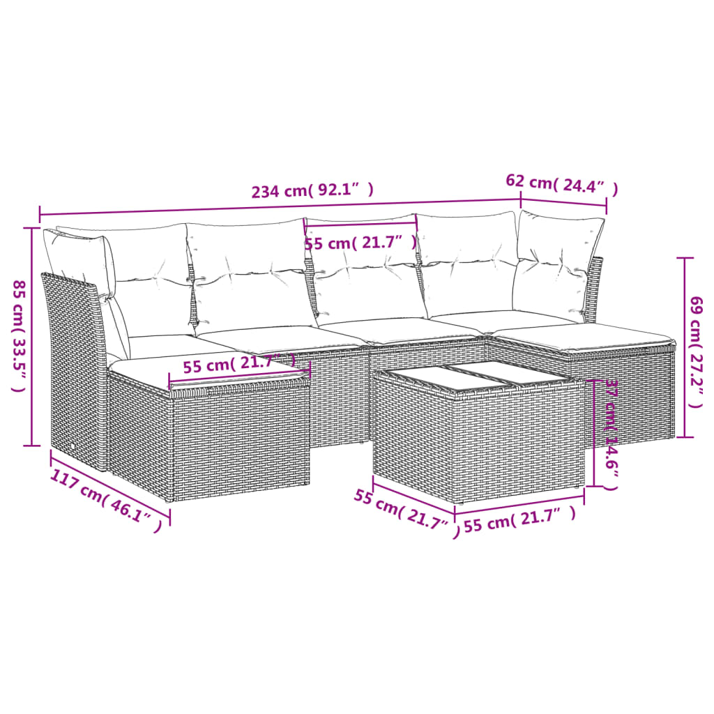 7-tlg. Garten-Sofagarnitur mit Kissen Schwarz Poly Rattan