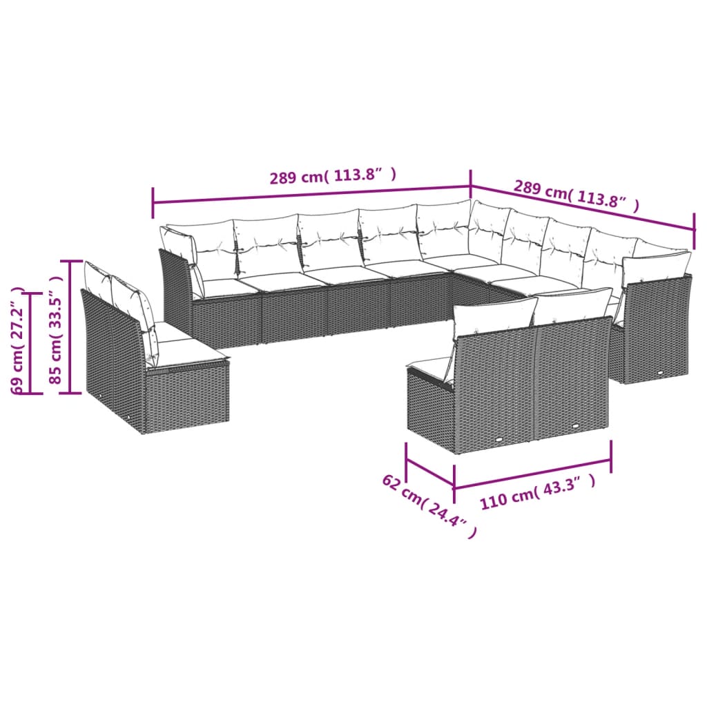 12-tlg. Garten-Sofagarnitur mit Kissen Grau Poly Rattan