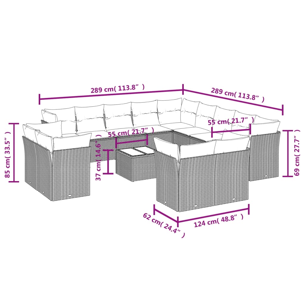 14-tlg. Garten-Sofagarnitur mit Kissen Beige Poly Rattan