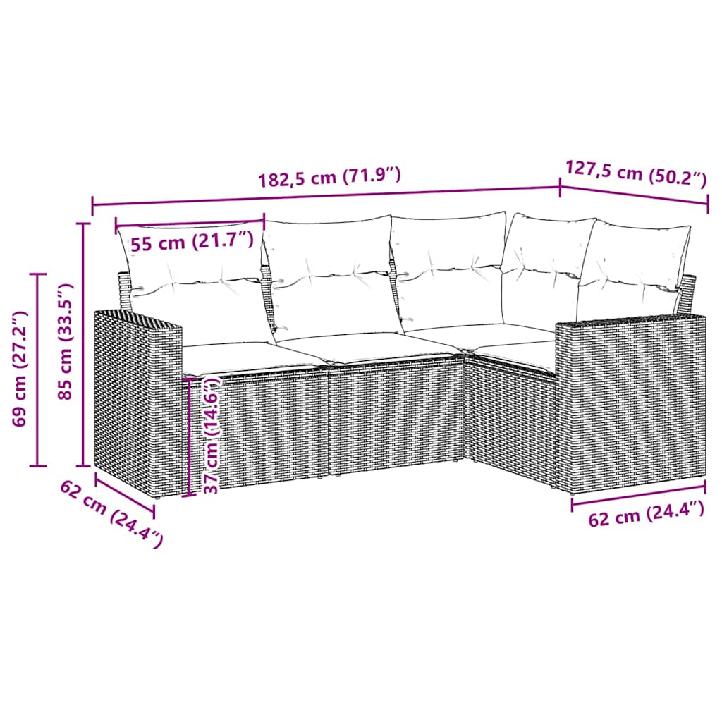 4-tlg. Garten-Sofagarnitur mit Kissen Braun Poly Rattan
