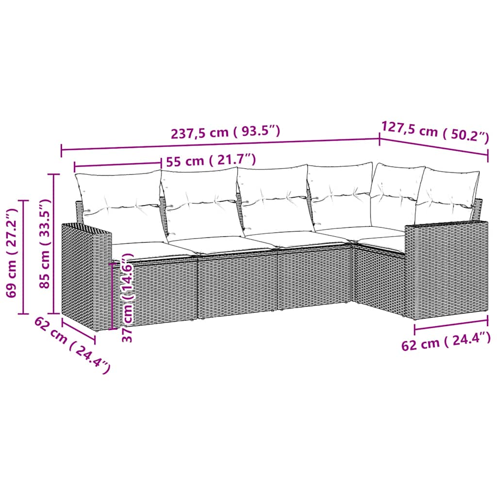 5-tlg. Garten-Sofagarnitur mit Kissen Hellgrau Poly Rattan