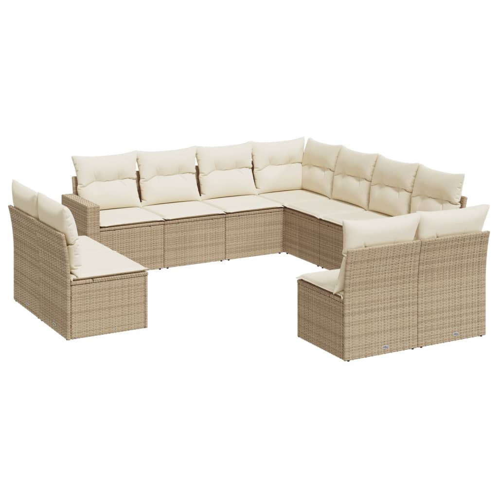 11-tlg. Garten-Sofagarnitur mit Kissen Beige Poly Rattan