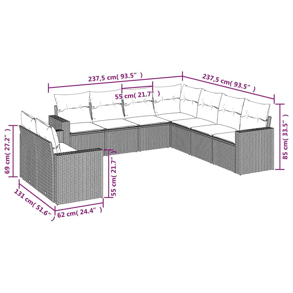 9-tlg. Garten-Sofagarnitur mit Kissen Schwarz Poly Rattan