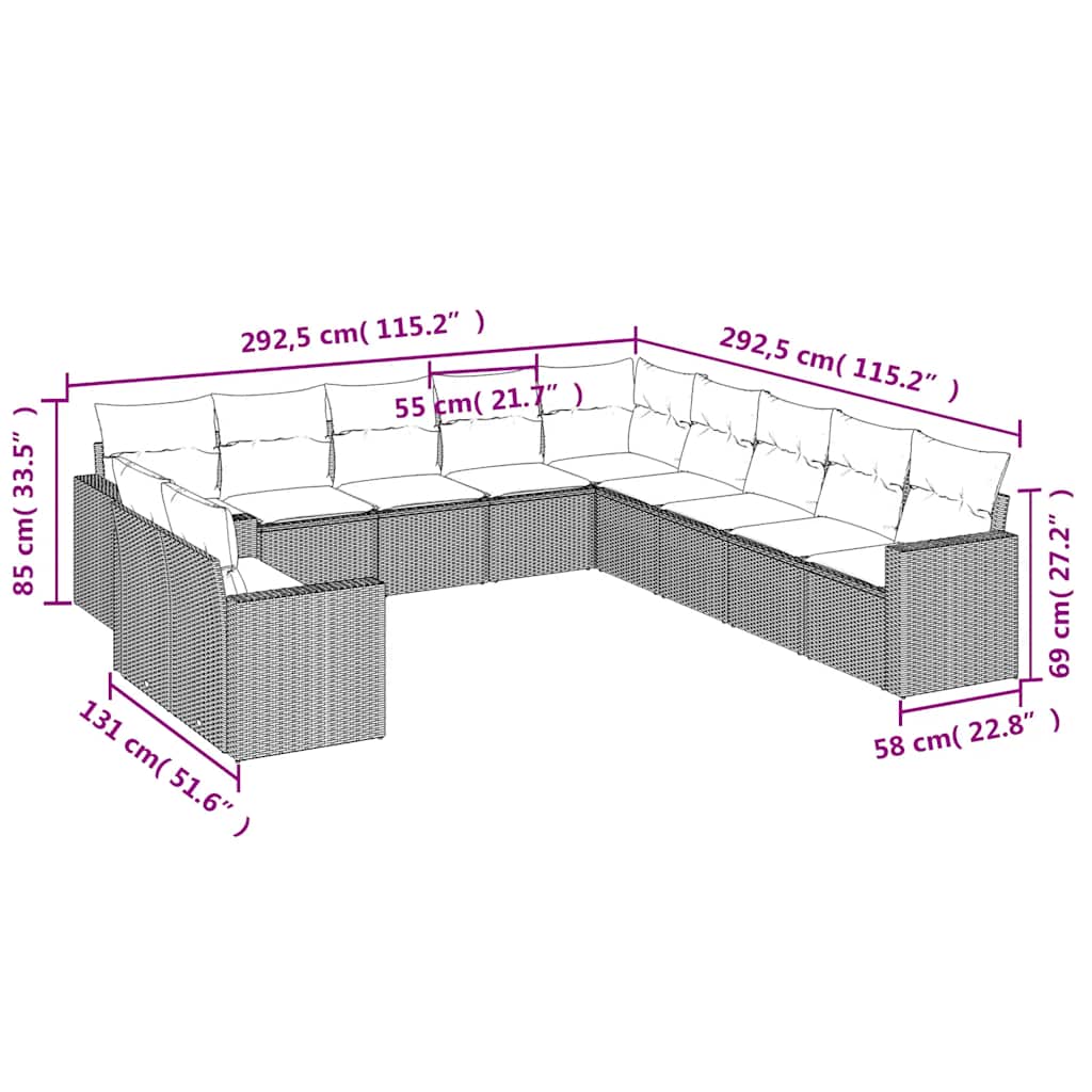 11-tlg. Garten-Sofagarnitur mit Kissen Schwarz Poly Rattan