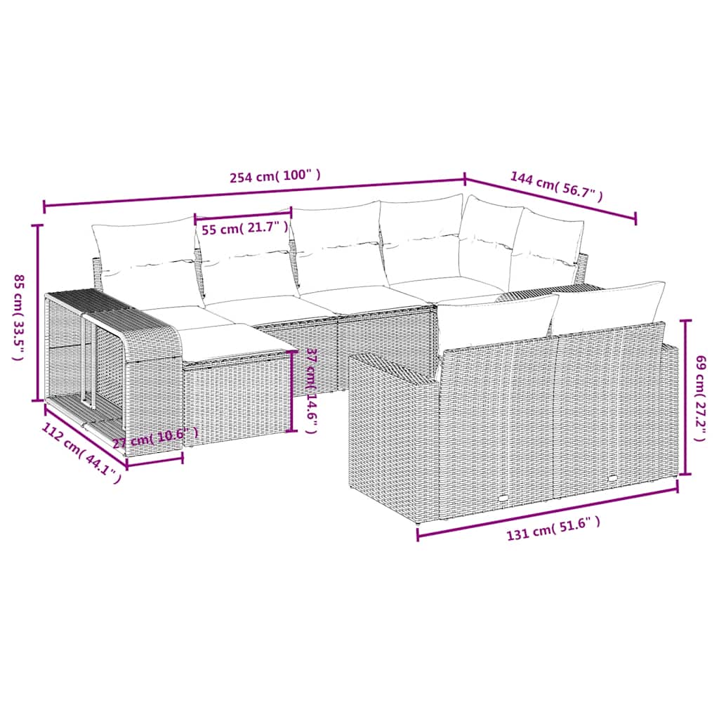 10-teiliges Gartensofa-Set mit Kissen, grau, Polyrattan