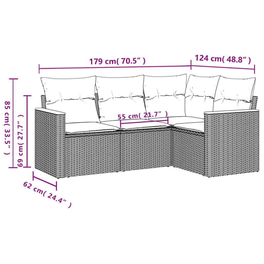 4-tlg. Garten-Sofagarnitur mit Kissen Grau Poly Rattan