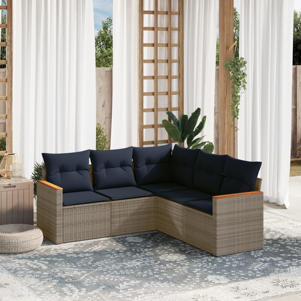 5-teiliges Gartensofa-Set mit Kissen, grau, Polyrattan