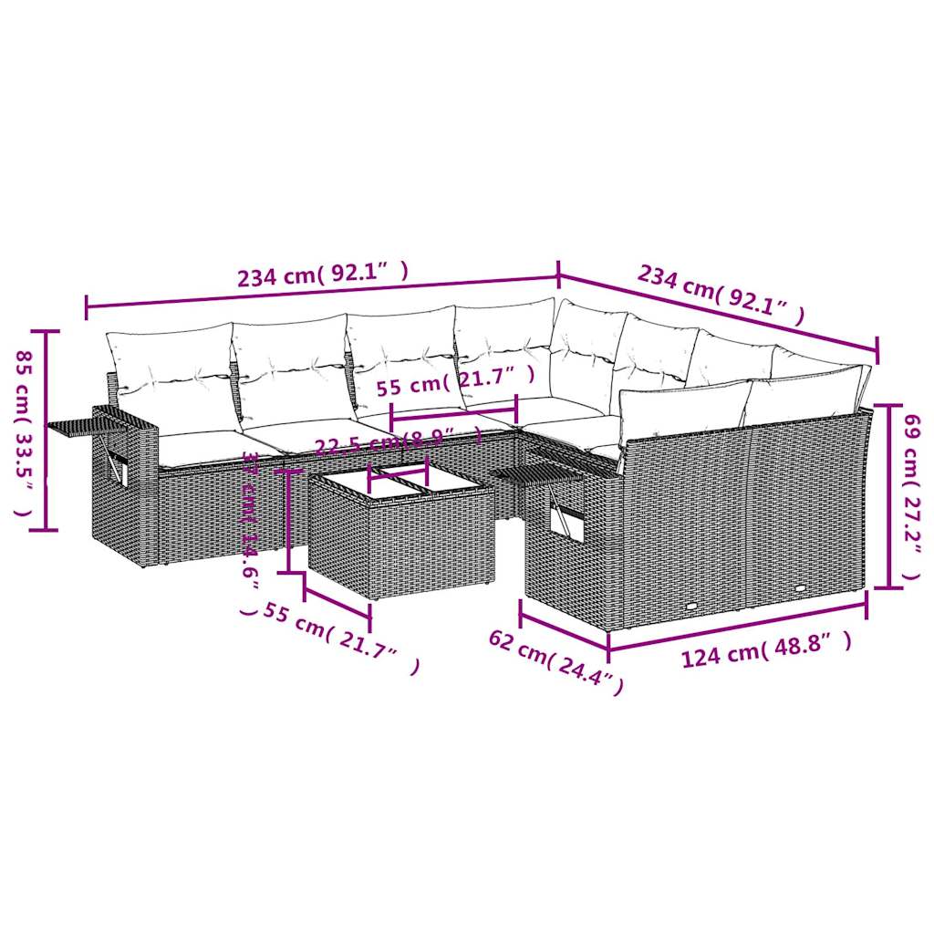 9-tlg. Garten-Sofagarnitur mit Kissen Grau Poly Rattan