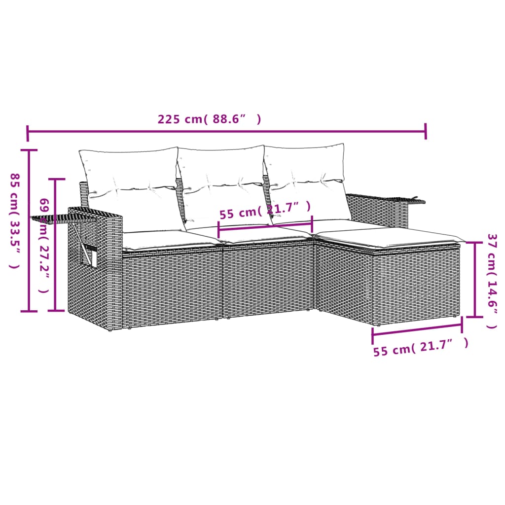 4-tlg. Garten-Sofagarnitur mit Kissen Schwarz Poly Rattan