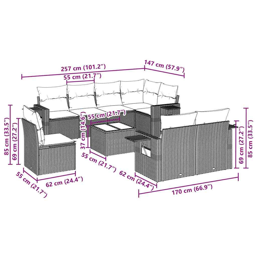9-tlg. Garten-Sofagarnitur mit Kissen Hellgrau Poly Rattan