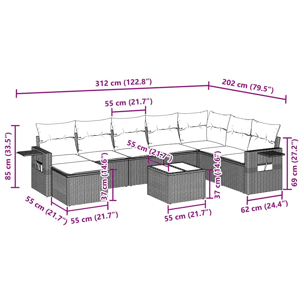 9-tlg. Garten-Sofagarnitur mit Kissen Hellgrau Poly Rattan