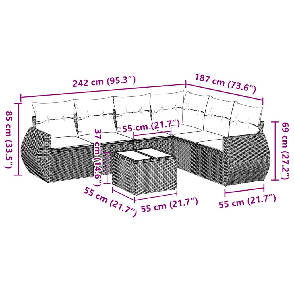 7-tlg. Garten-Sofagarnitur mit Kissen Schwarz Poly Rattan
