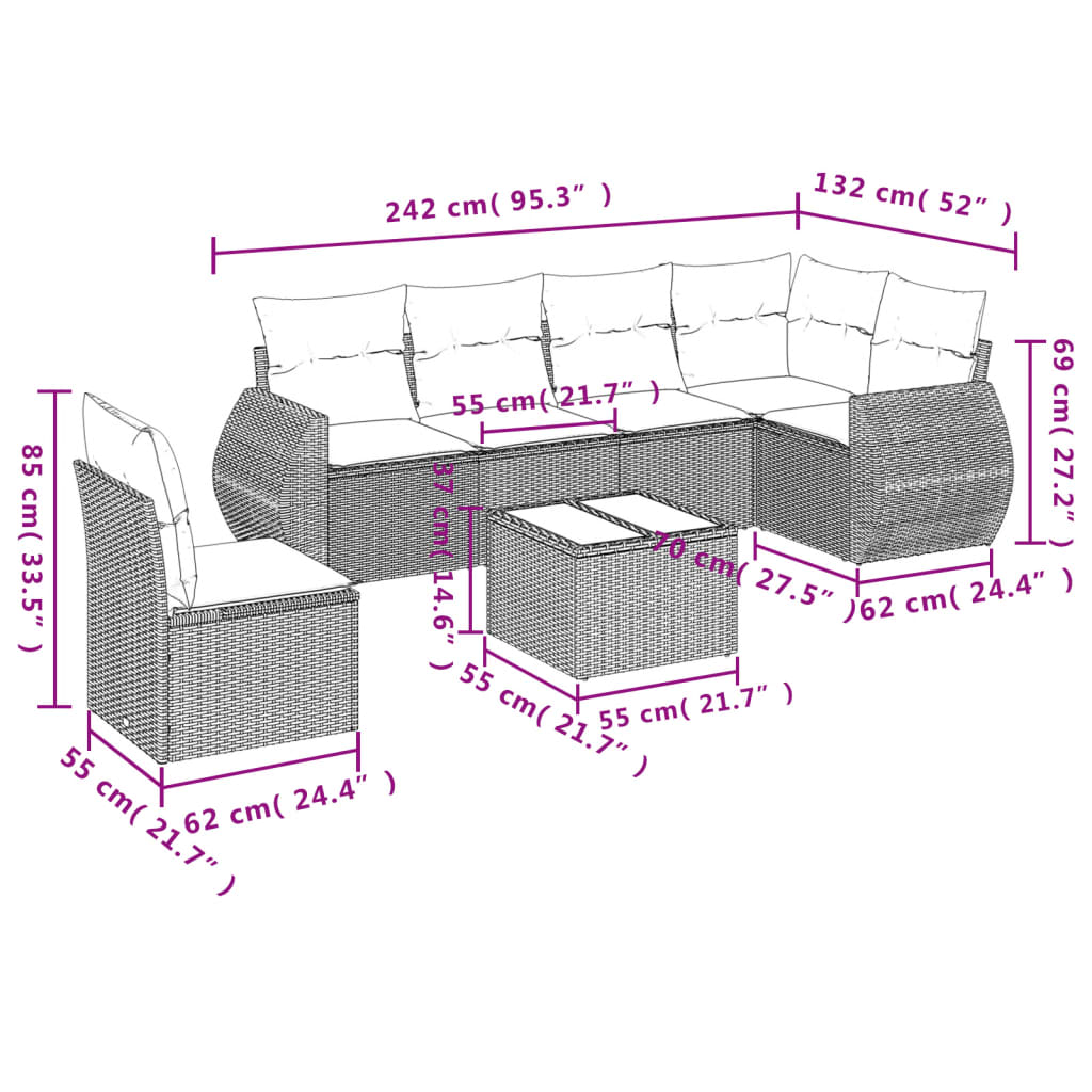 7-tlg. Garten-Sofagarnitur mit Kissen Grau Poly Rattan