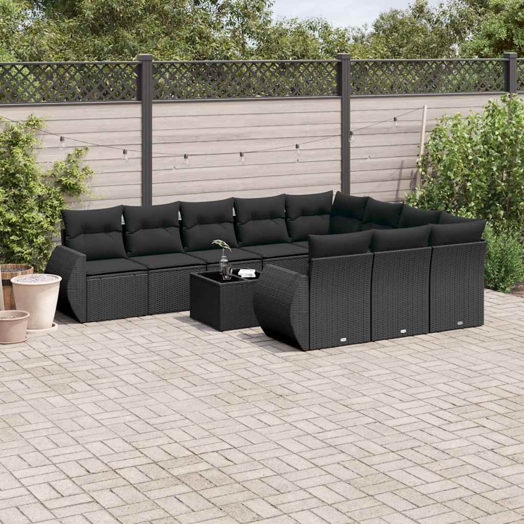 11-tlg. Garten-Sofagarnitur mit Kissen Schwarz Poly Rattan