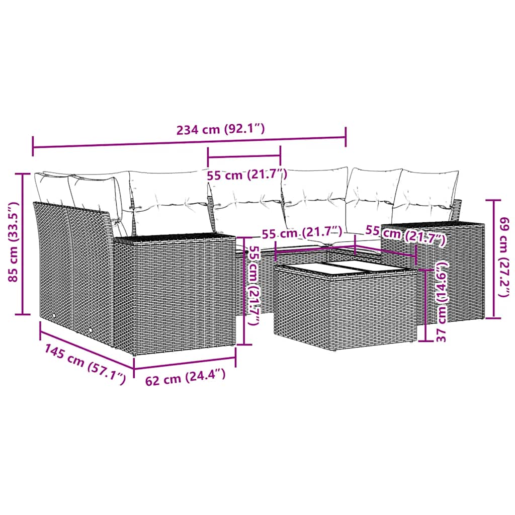7-tlg. Garten-Sofagarnitur mit Kissen Hellgrau Poly Rattan