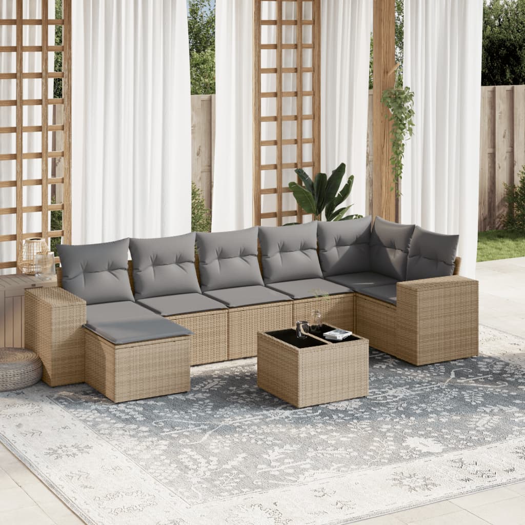 8-tlg. Garten-Sofagarnitur mit Kissen Beige Poly Rattan