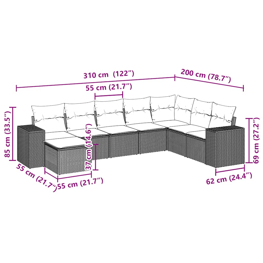 8-tlg. Garten-Sofagarnitur mit Kissen Hellgrau Poly Rattan