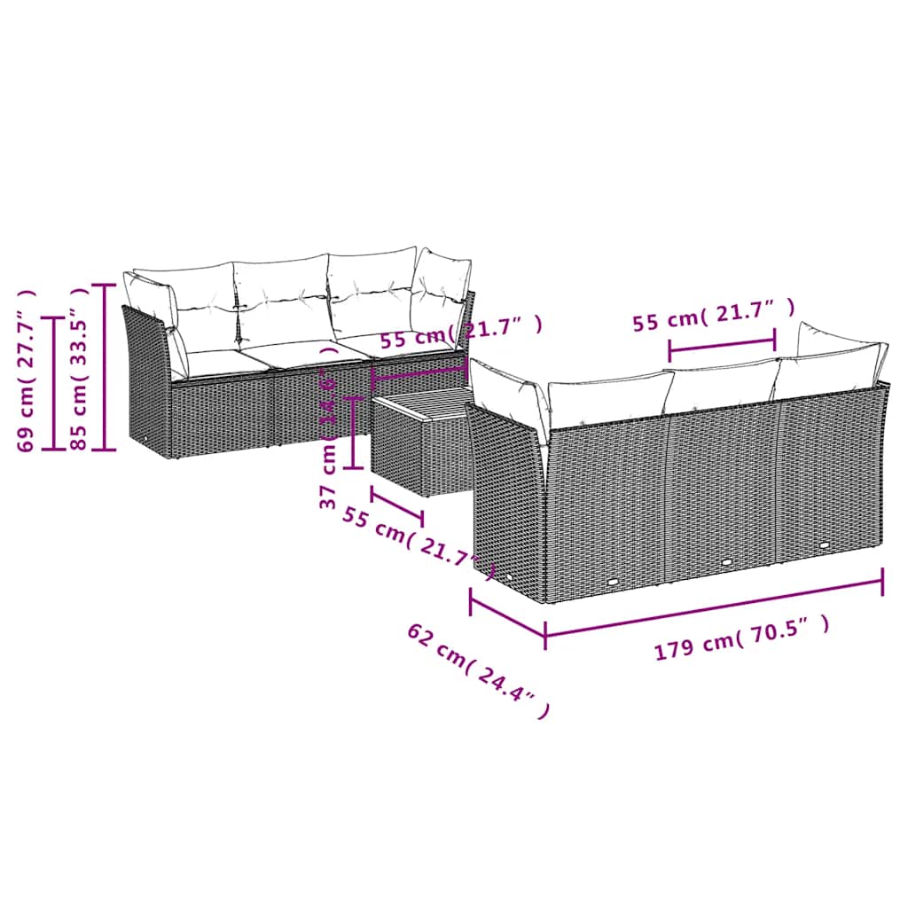7-tlg. Garten-Sofagarnitur mit Kissen Grau Poly Rattan