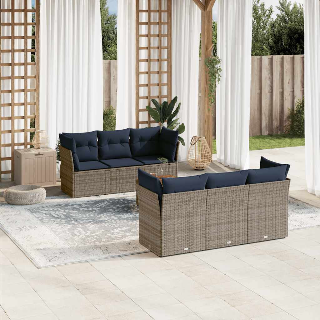 7-tlg. Garten-Sofagarnitur mit Kissen Grau Poly Rattan
