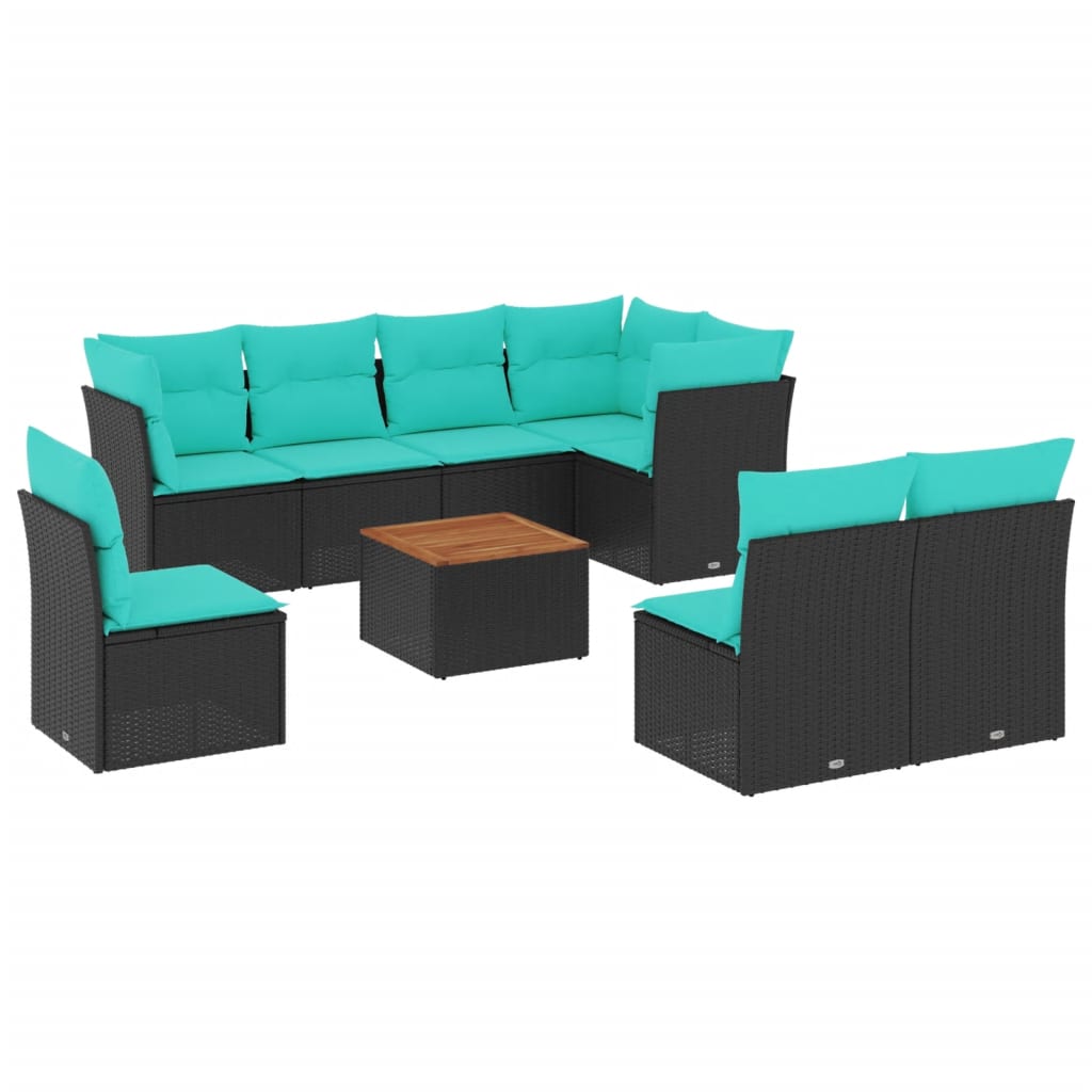 9-tlg. Garten-Sofagarnitur mit Kissen Schwarz Poly Rattan
