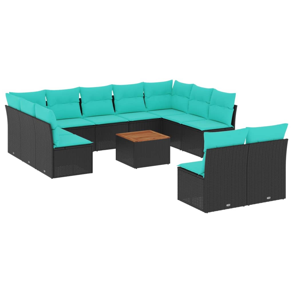 12-tlg. Garten-Sofagarnitur mit Kissen Schwarz Poly Rattan