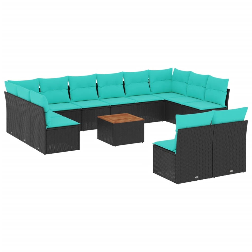 13-tlg. Garten-Sofagarnitur mit Kissen Schwarz Poly Rattan