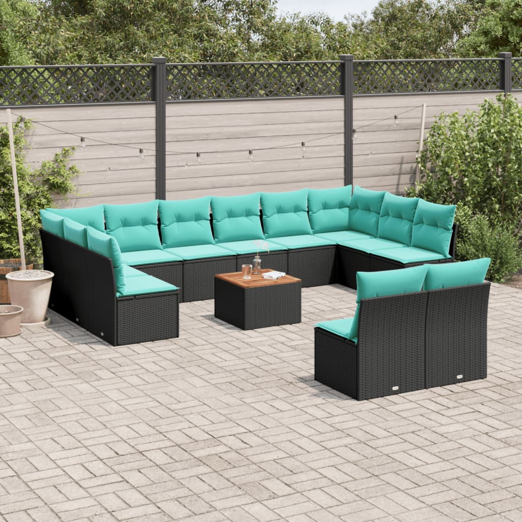 13-tlg. Garten-Sofagarnitur mit Kissen Schwarz Poly Rattan