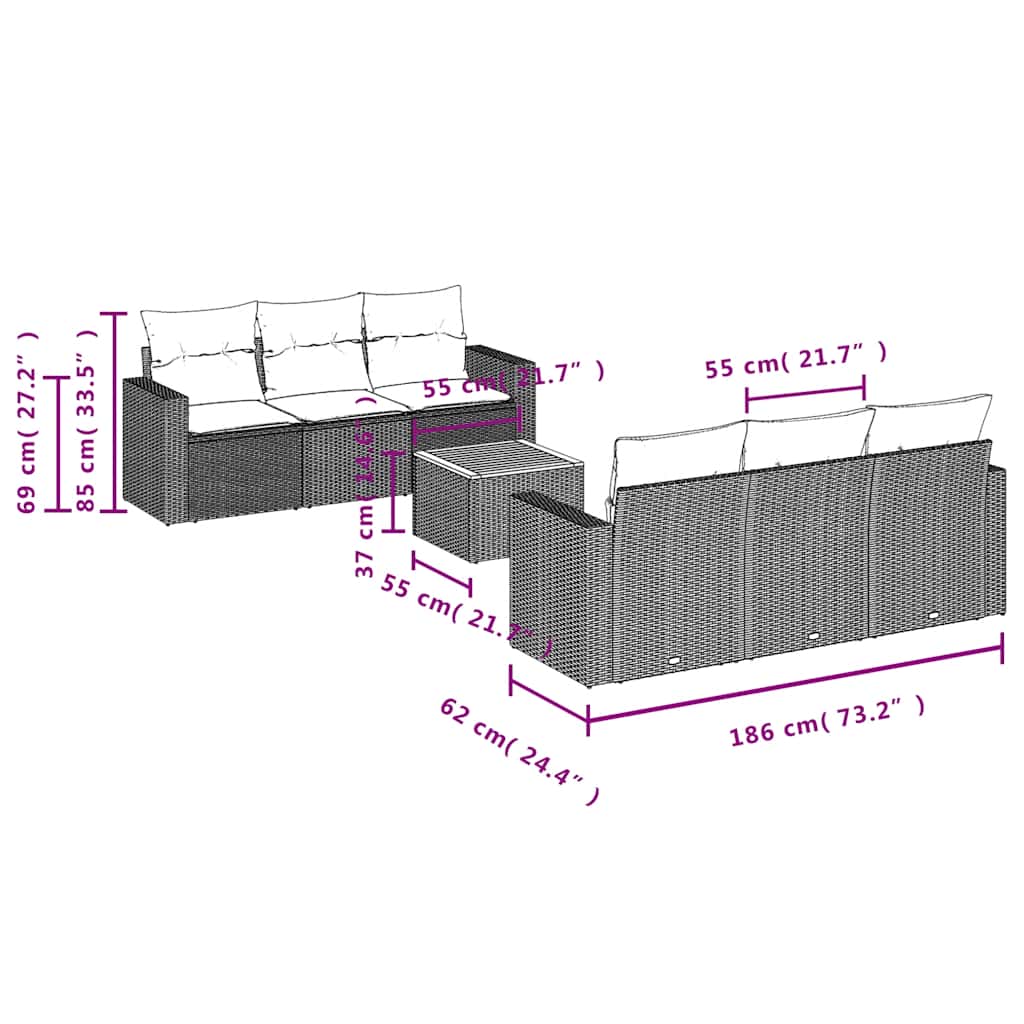 7-tlg. Garten-Sofagarnitur mit Kissen Grau Poly Rattan