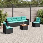7-tlg. Garten-Sofagarnitur mit Kissen Schwarz Poly Rattan