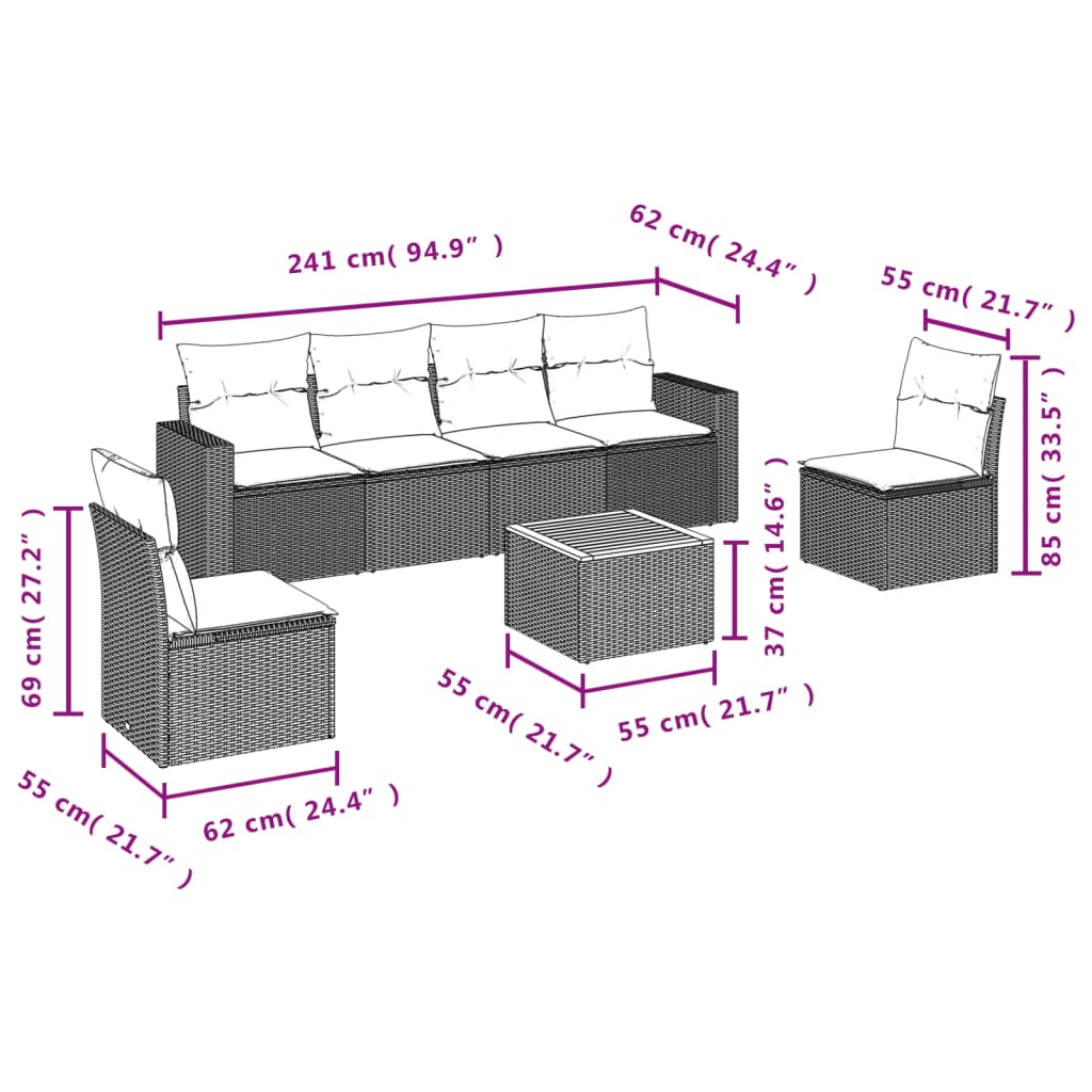 7-tlg. Garten-Sofagarnitur mit Kissen Beige Poly Rattan