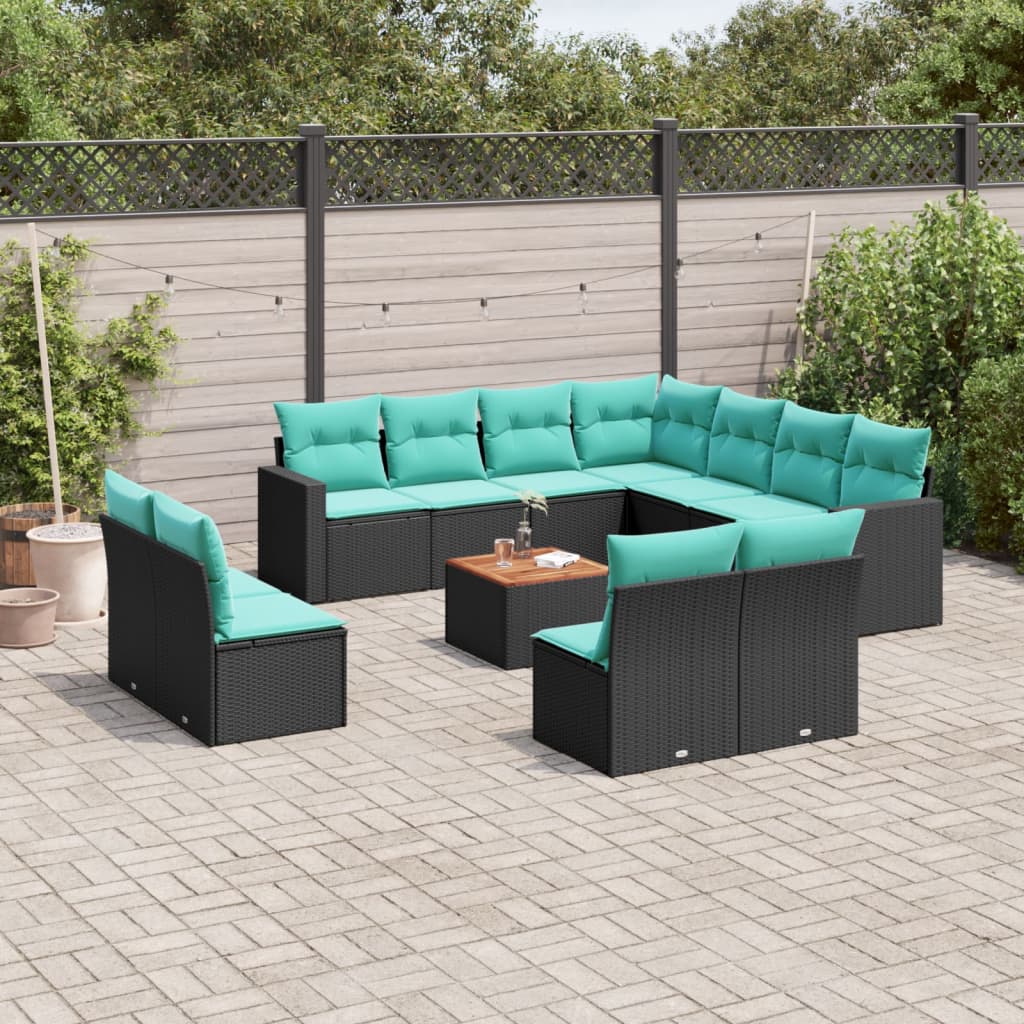 12-tlg. Garten-Sofagarnitur mit Kissen Schwarz Poly Rattan