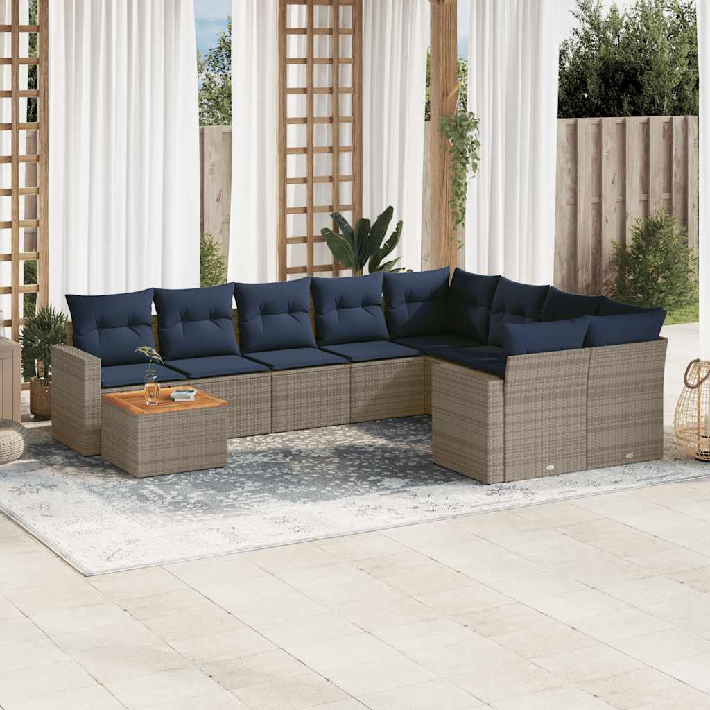 10-tlg. Garten-Sofagarnitur mit Kissen Grau Poly Rattan