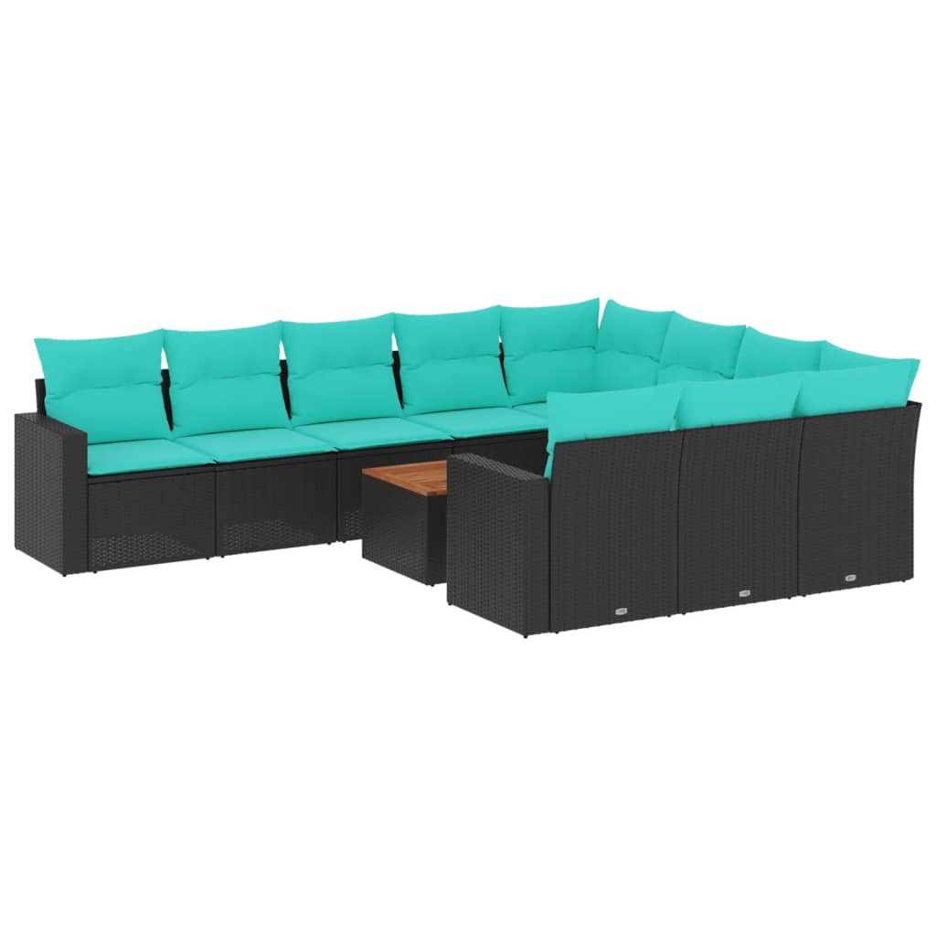 11-tlg. Garten-Sofagarnitur mit Kissen Schwarz Poly Rattan