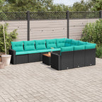 11-tlg. Garten-Sofagarnitur mit Kissen Schwarz Poly Rattan
