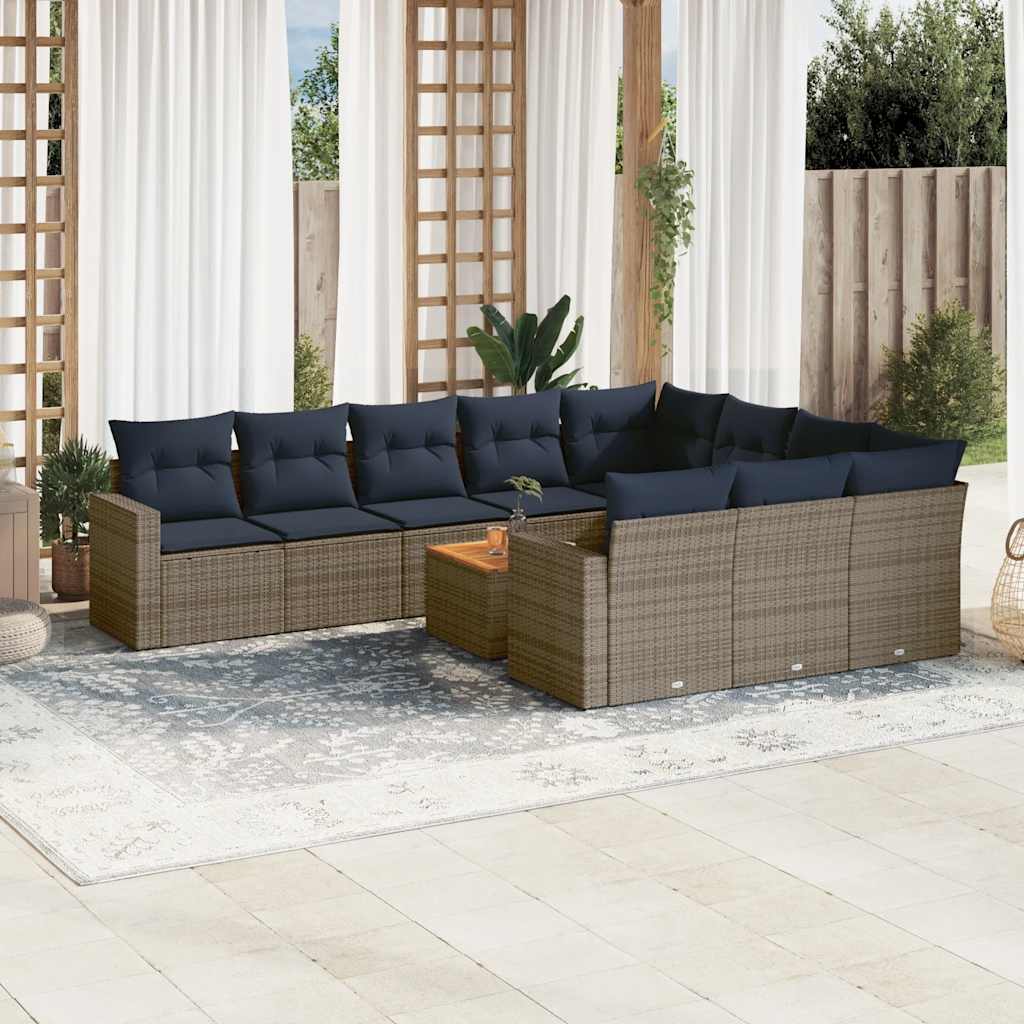 11-tlg. Garten-Sofagarnitur mit Kissen Grau Poly Rattan
