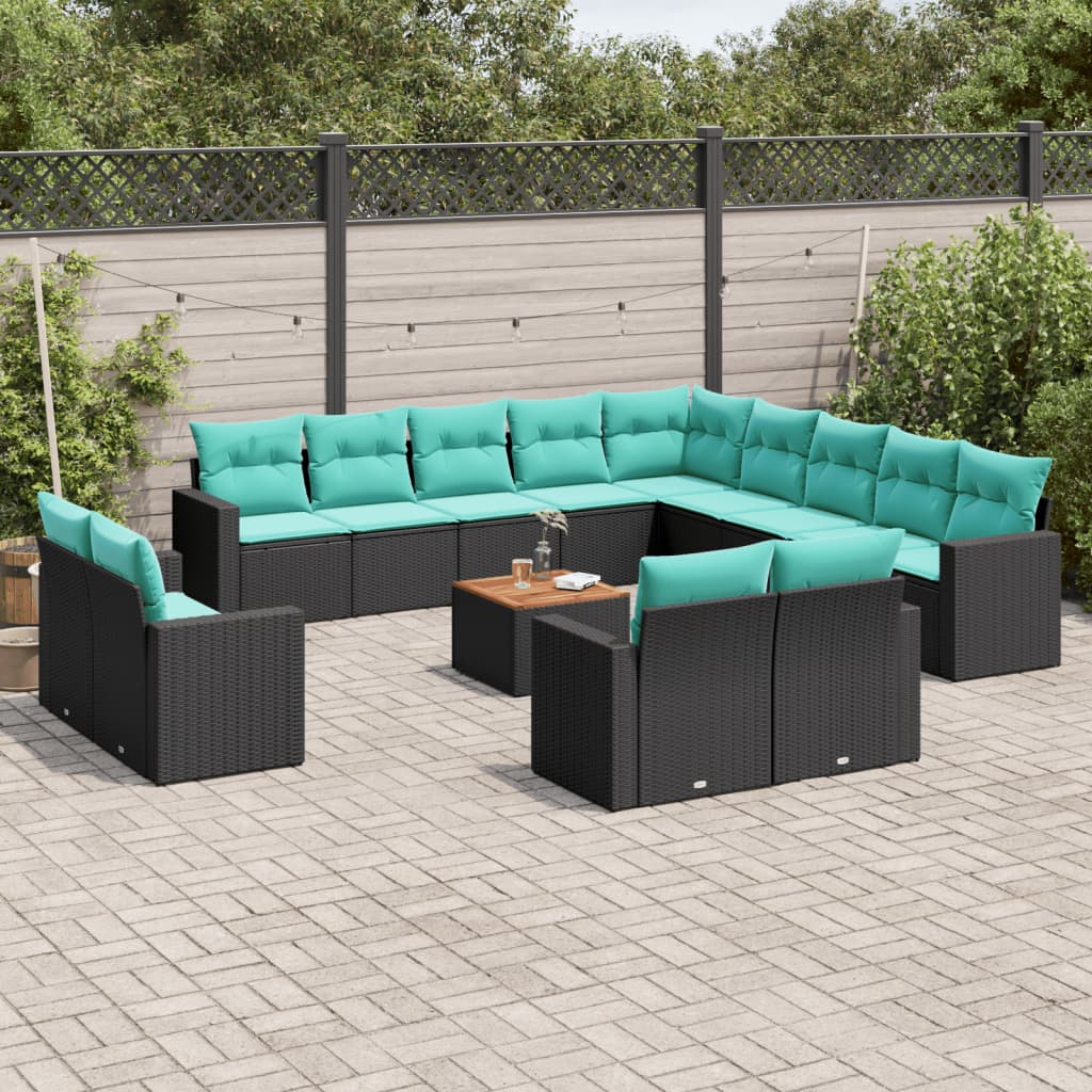 14-tlg. Garten-Sofagarnitur mit Kissen Schwarz Poly Rattan