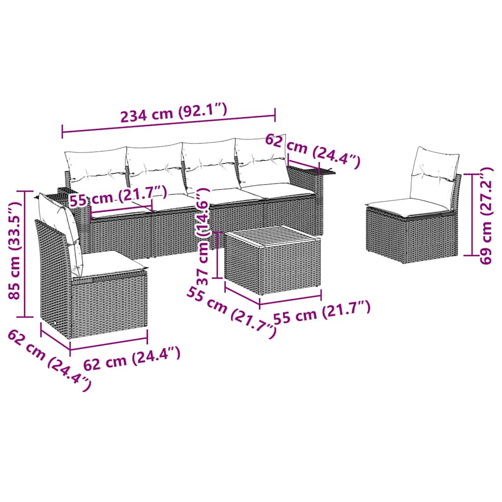 7-tlg. Garten-Sofagarnitur mit Kissen Schwarz Poly Rattan
