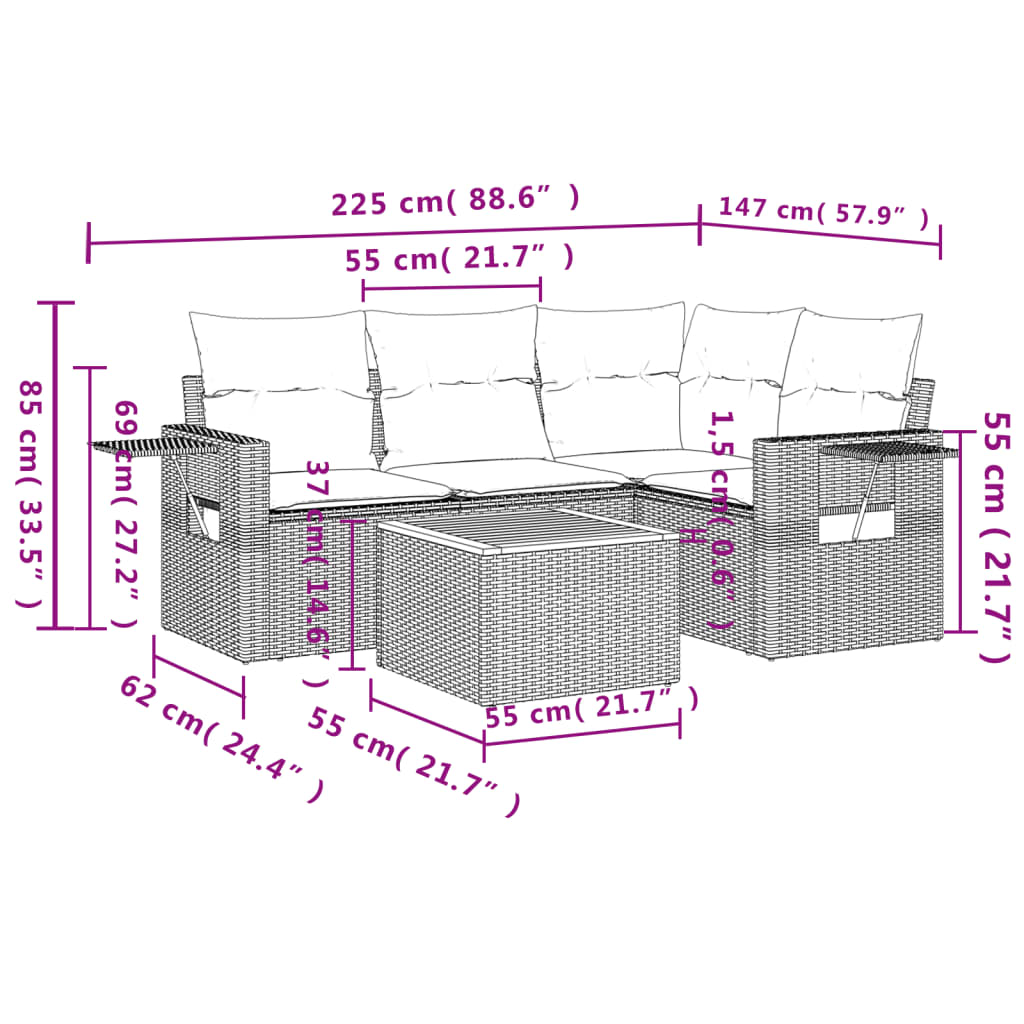 5-tlg. Garten-Sofagarnitur mit Kissen Schwarz Poly Rattan