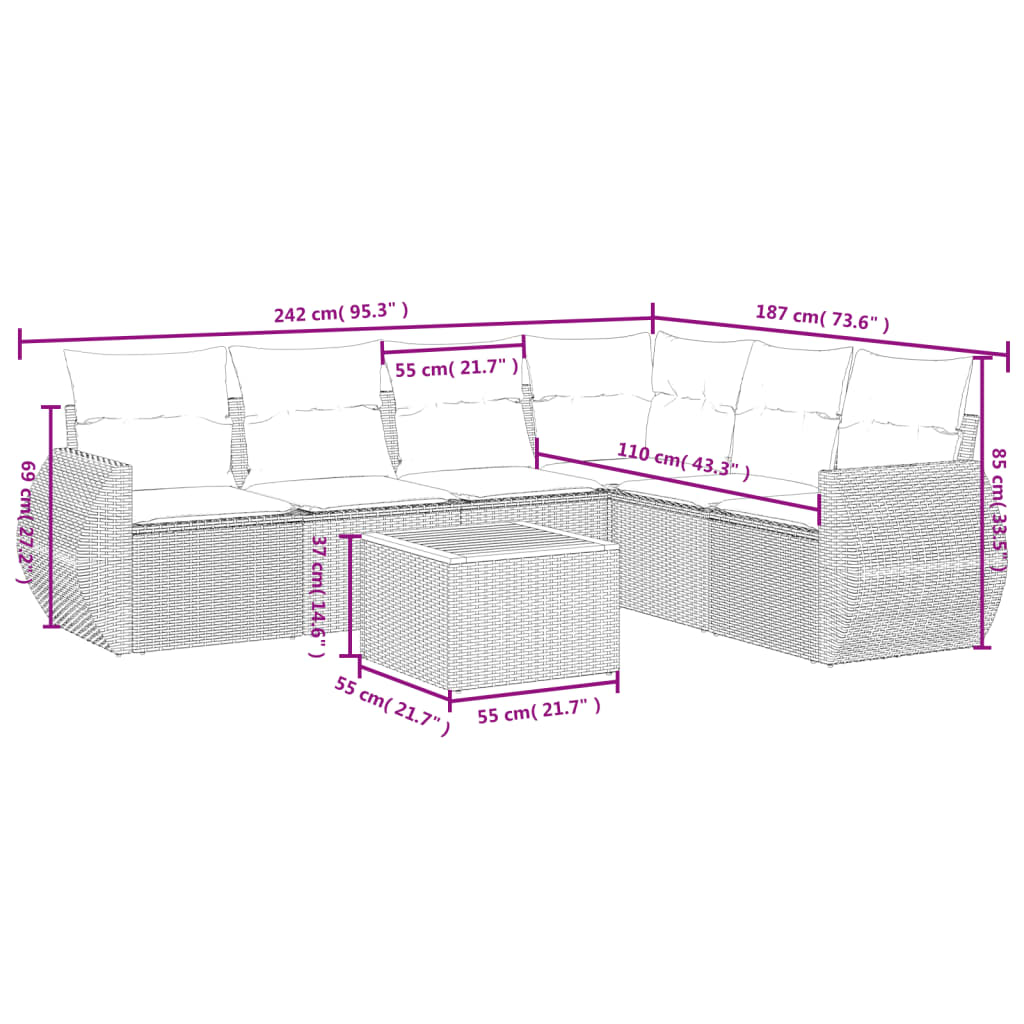 7-tlg. Garten-Sofagarnitur mit Kissen Grau Poly Rattan