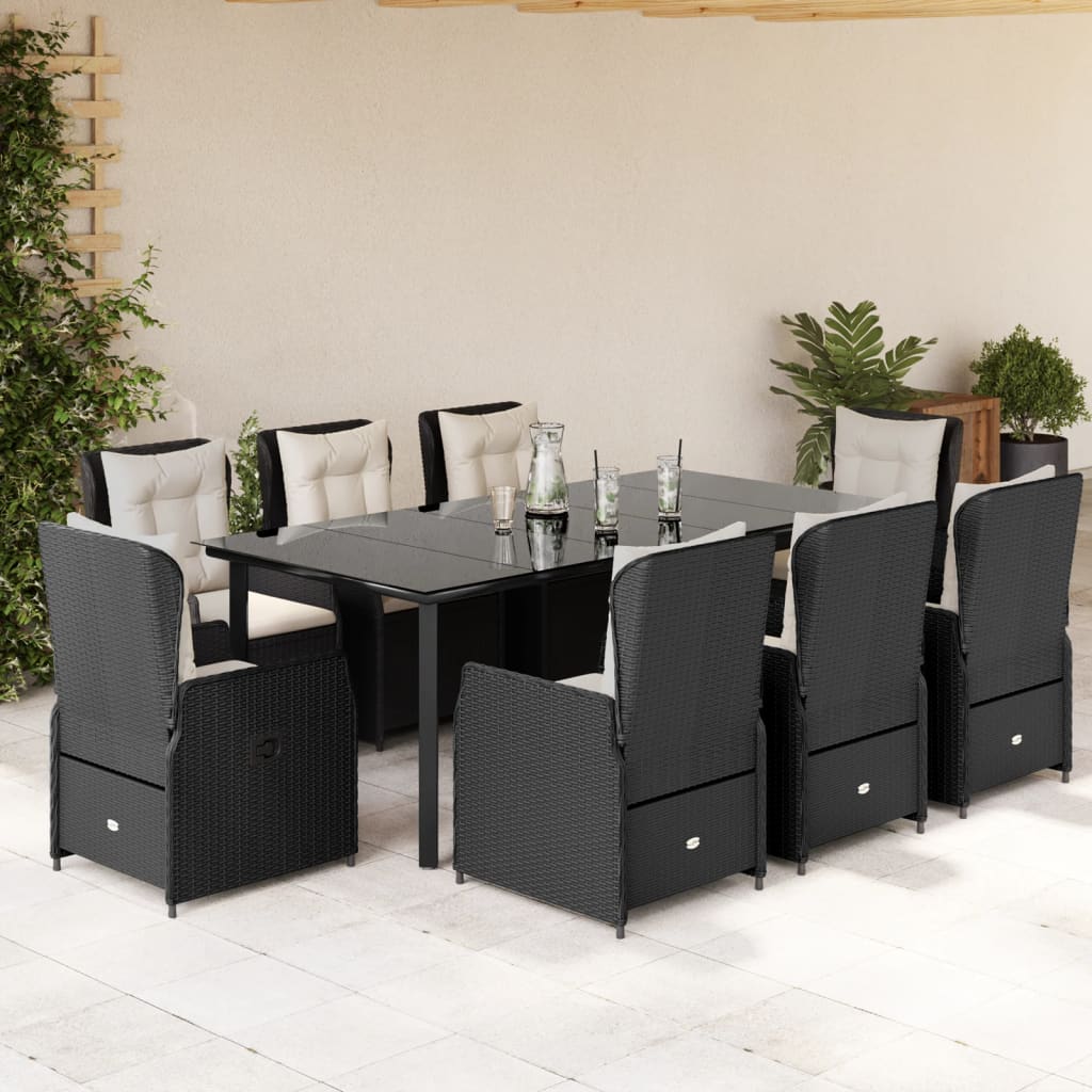 9-tlg. Garten-Essgruppe mit Kissen Schwarz Poly Rattan