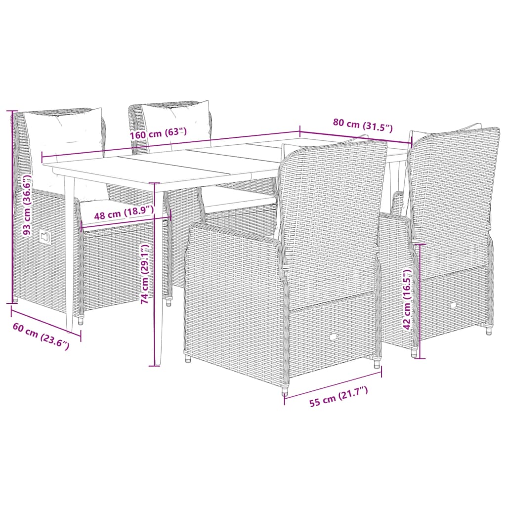 5-tlg. Garten-Essgruppe mit Kissen Grau Poly Rattan